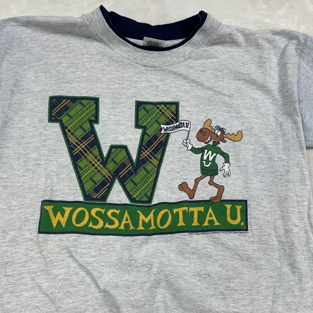 University of Cotton Wossamotta U T-Shirt Mens L Grey Bullwinkle Vintage Ringer